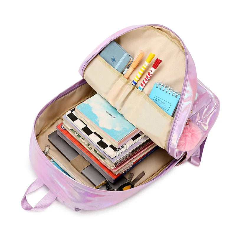 Mochila Escolar Feminina Refletiva com Lancheira e Estojo 3