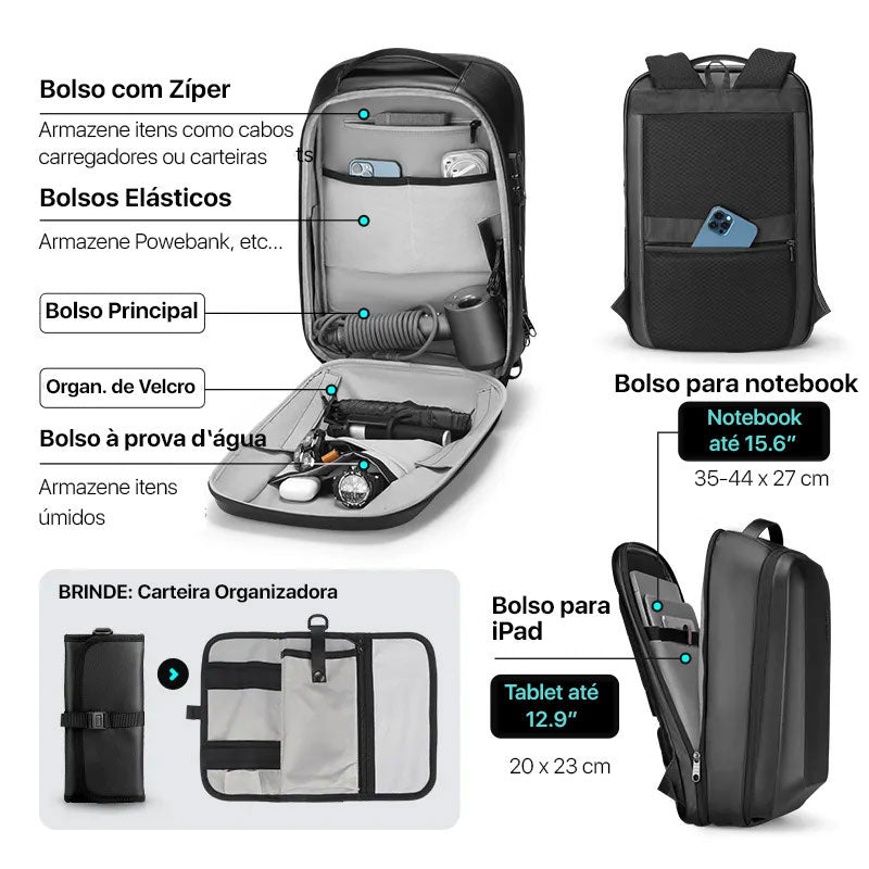 Mochila Executiva Notebook 15" Porta USB Black Orion 4