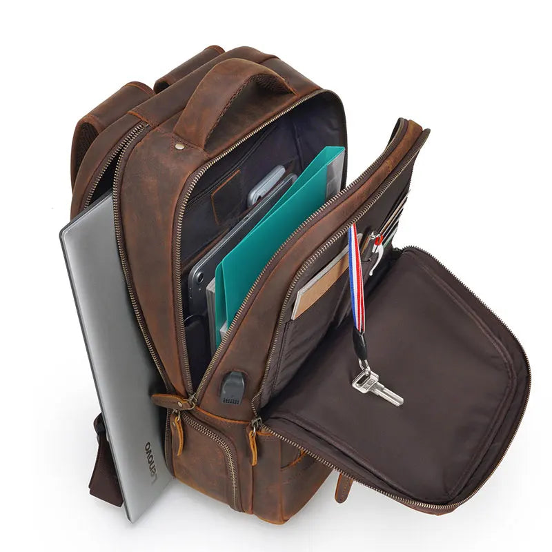 Mochila Masculina de Couro Notebook com USB Wolf 4