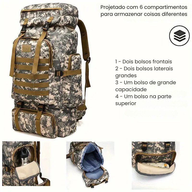 Mochila Tática Impermeável 80L para Acampamento