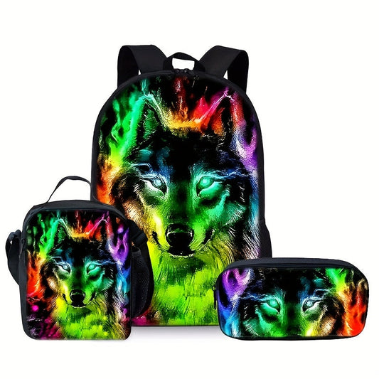 Kit Escolar Estampa de Lobo - Mochila, Lancheira e Estojo