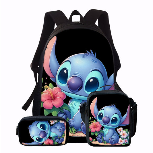 Kit Escolar Stitch Estampa Floral - Mochila, Lancheira e Estojo