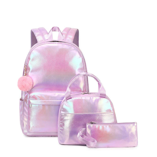 Mochila Escolar Feminina Refletiva com Lancheira e Estojo