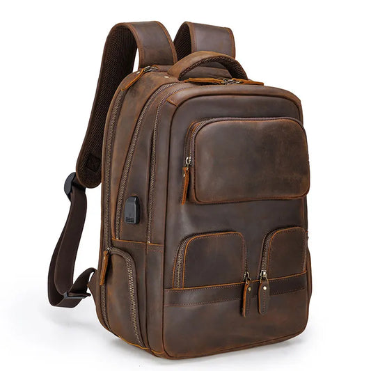 Mochila Masculina de Couro Notebook com USB Wolf